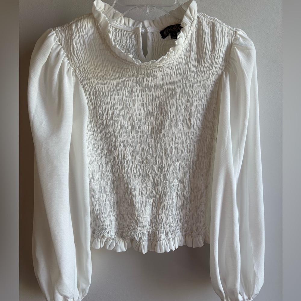 Petal Roz White Ruched long sleeve chiffon top women’s small blouse